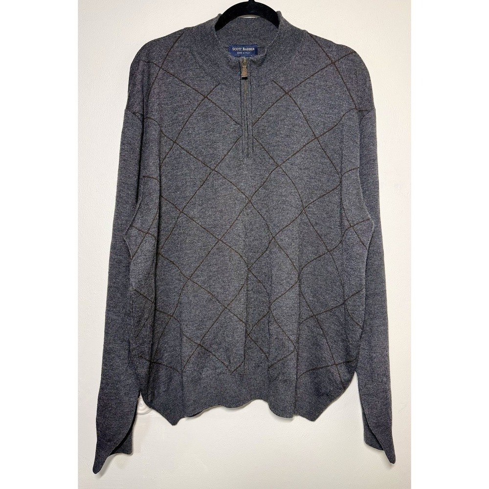 Vintage Scott Barber 100% Merino Wool 1/4 Zip Sweater Men's Size 2XL Gray Argyle